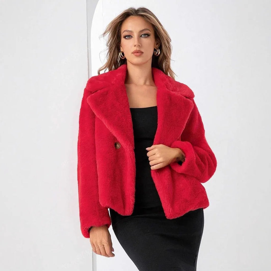 Women's short faux fur coat in loose style with regular sleeves shown in rose red colour