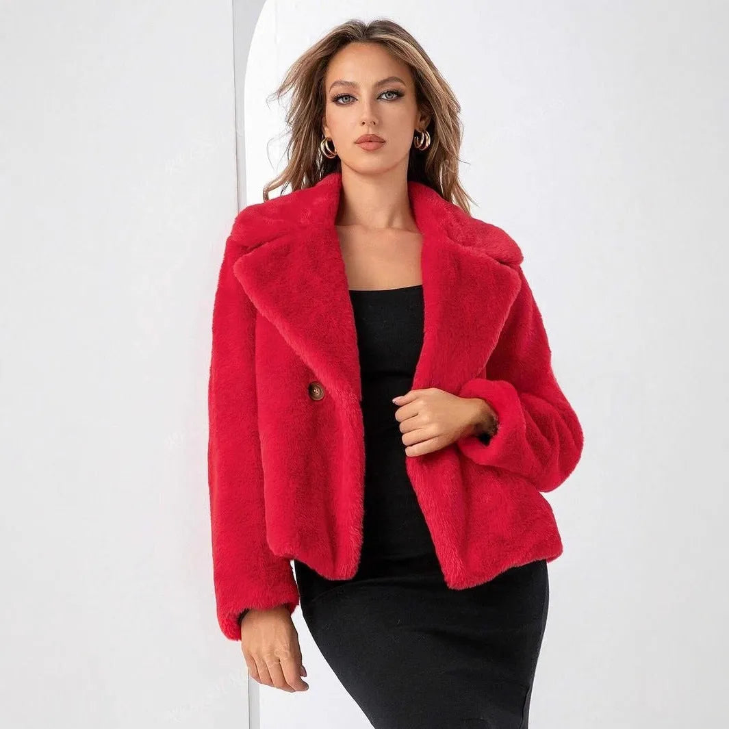 Women's short faux fur coat in loose style with regular sleeves shown in rose red colour